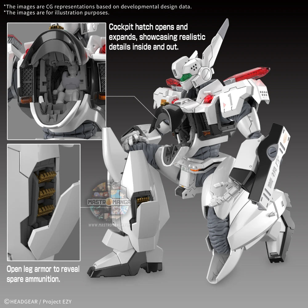 Model kit Bandai RG Patlabor AV-98plus Ingram Plus con armatura bianca e nera, frame interno visibile e giunture protette