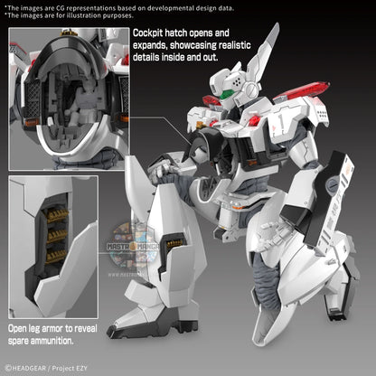 Model kit Bandai RG Patlabor AV-98plus Ingram Plus con armatura bianca e nera, frame interno visibile e giunture protette