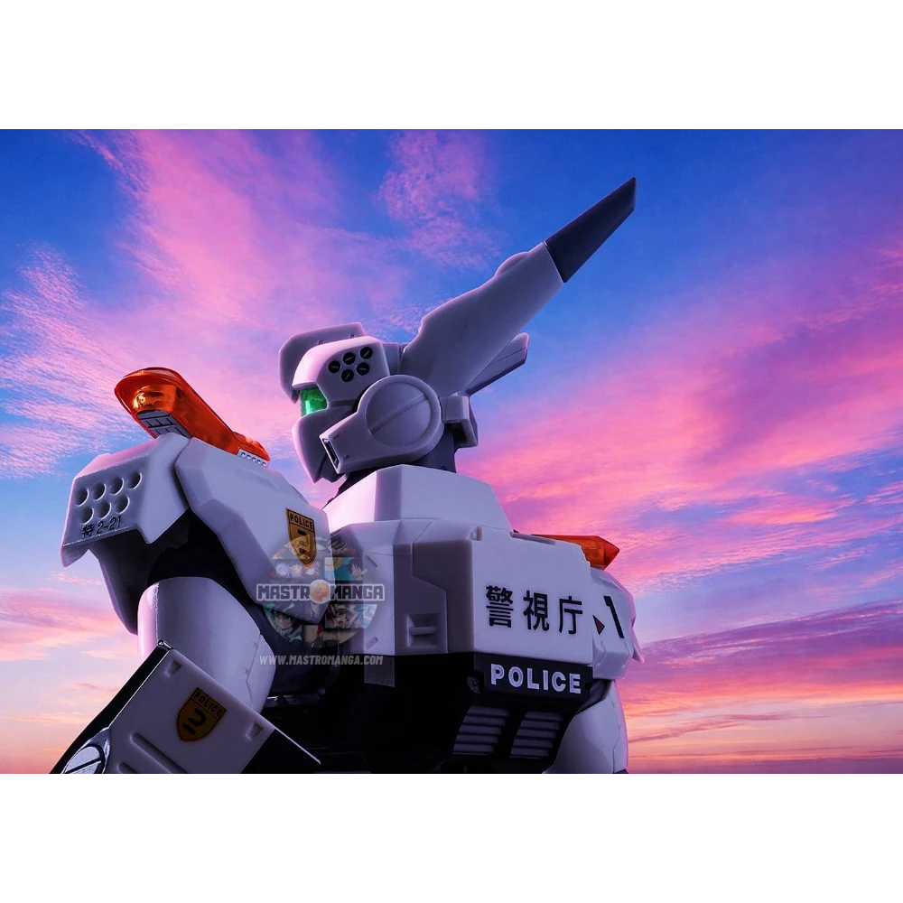 Action figure articolata ROBOT Spirits dell'Ingram Plus AV-98Plus da Mobile Police Patlabor EZy, con livrea bianca e nera della polizia, scudo sul braccio sinistro e revolver d'ordinanza