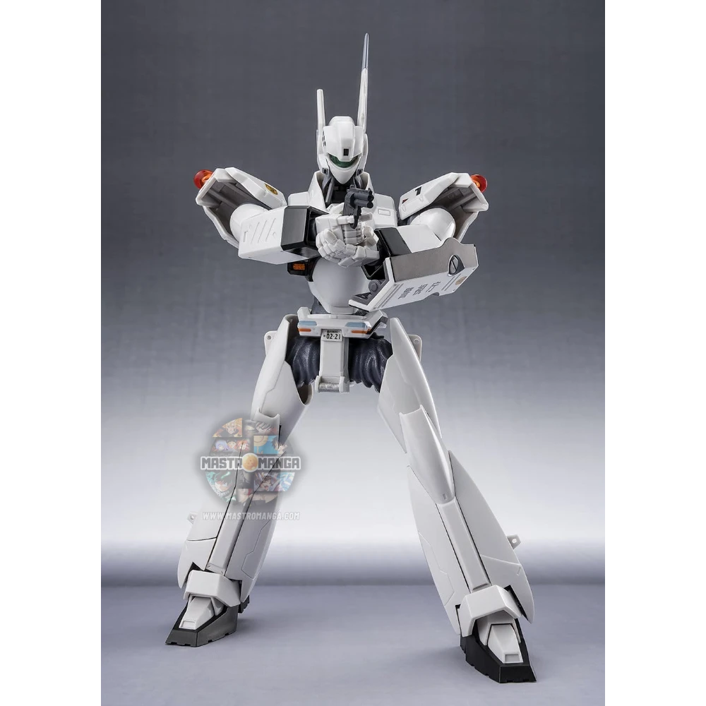 Action figure articolata ROBOT Spirits dell'Ingram Plus AV-98Plus da Mobile Police Patlabor EZy, con livrea bianca e nera della polizia, scudo sul braccio sinistro e revolver d'ordinanza