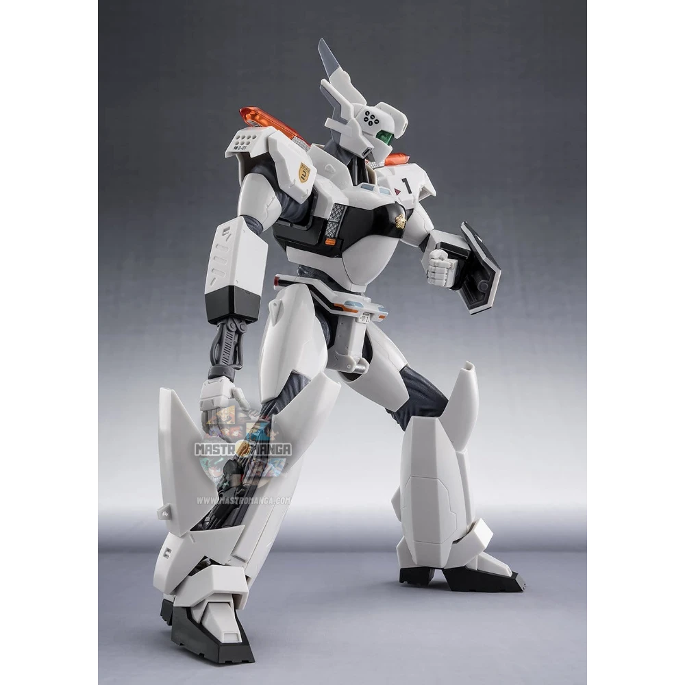 Action figure articolata ROBOT Spirits dell'Ingram Plus AV-98Plus da Mobile Police Patlabor EZy, con livrea bianca e nera della polizia, scudo sul braccio sinistro e revolver d'ordinanza