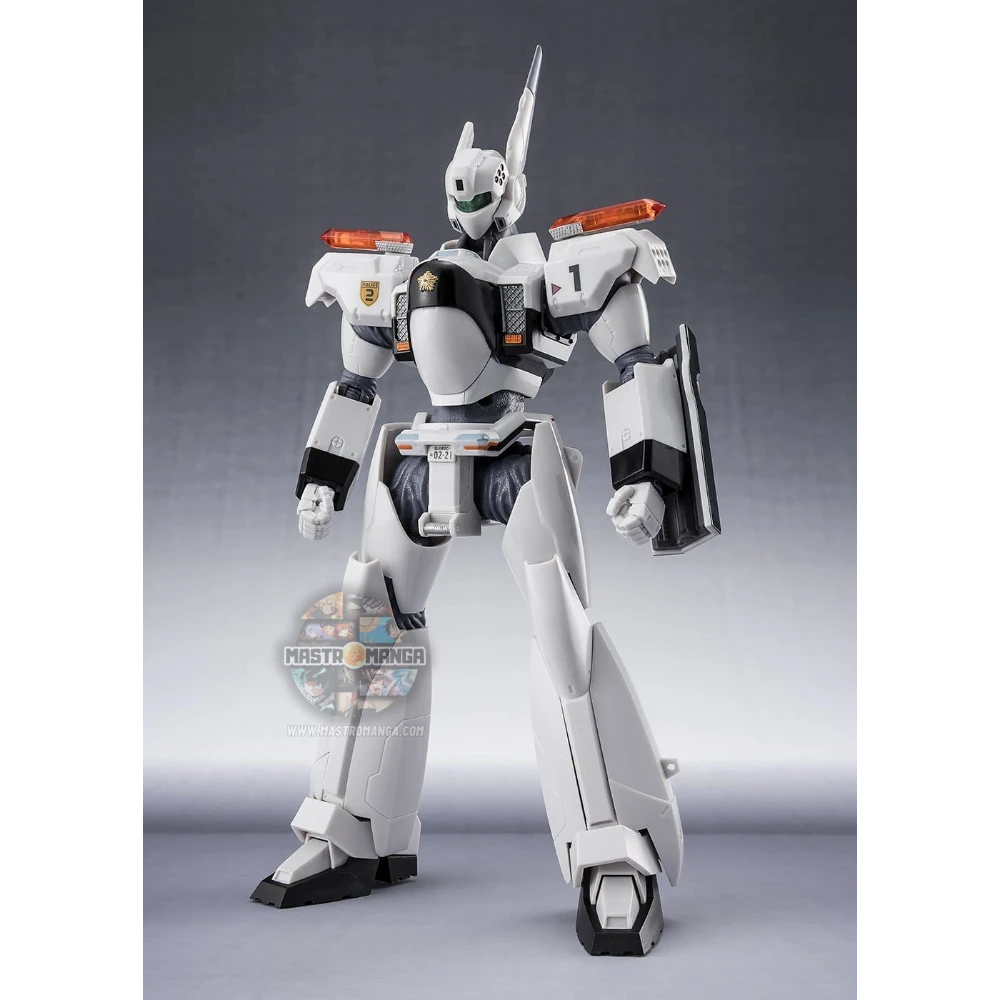 Action figure articolata ROBOT Spirits dell'Ingram Plus AV-98Plus da Mobile Police Patlabor EZy, con livrea bianca e nera della polizia, scudo sul braccio sinistro e revolver d'ordinanza