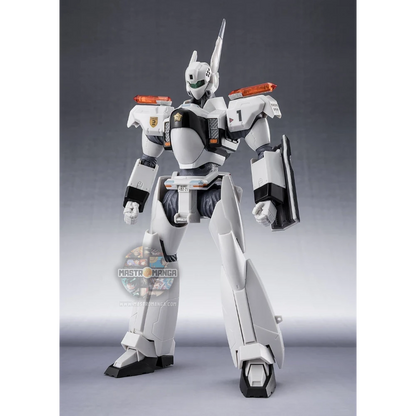 Action figure articolata ROBOT Spirits dell'Ingram Plus AV-98Plus da Mobile Police Patlabor EZy, con livrea bianca e nera della polizia, scudo sul braccio sinistro e revolver d'ordinanza