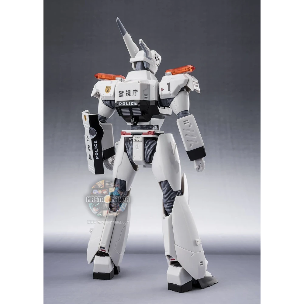 Action figure articolata ROBOT Spirits dell'Ingram Plus AV-98Plus da Mobile Police Patlabor EZy, con livrea bianca e nera della polizia, scudo sul braccio sinistro e revolver d'ordinanza