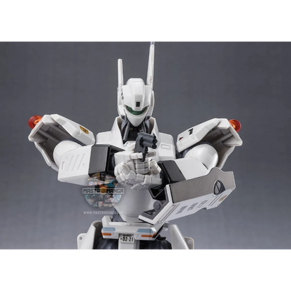 Action figure articolata ROBOT Spirits dell'Ingram Plus AV-98Plus da Mobile Police Patlabor EZy, con livrea bianca e nera della polizia, scudo sul braccio sinistro e revolver d'ordinanza