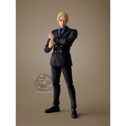 Action figure articolata S.H.Figuarts di Sanji dalla serie Netflix One Piece, con completo nero elegante, camicia a righe, capelli biondi e un effetto fiammeggiante applicato alla gamba per il calcio Diable Jambe