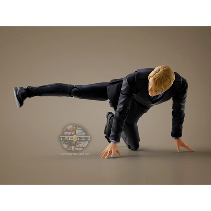 Action figure articolata S.H.Figuarts di Sanji dalla serie Netflix One Piece, con completo nero elegante, camicia a righe, capelli biondi e un effetto fiammeggiante applicato alla gamba per il calcio Diable Jambe
