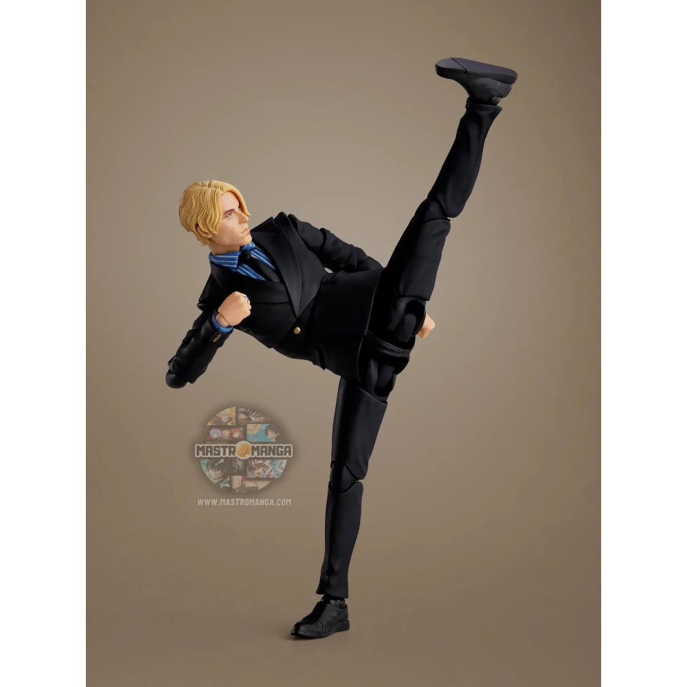 Action figure articolata S.H.Figuarts di Sanji dalla serie Netflix One Piece, con completo nero elegante, camicia a righe, capelli biondi e un effetto fiammeggiante applicato alla gamba per il calcio Diable Jambe