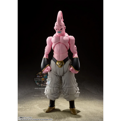 Action figure articolata S.H.Figuarts di Super Buu da Dragon Ball Z, con pelle rosa, pantaloni bianchi da Majin e diverse espressioni facciali malvagie incluse