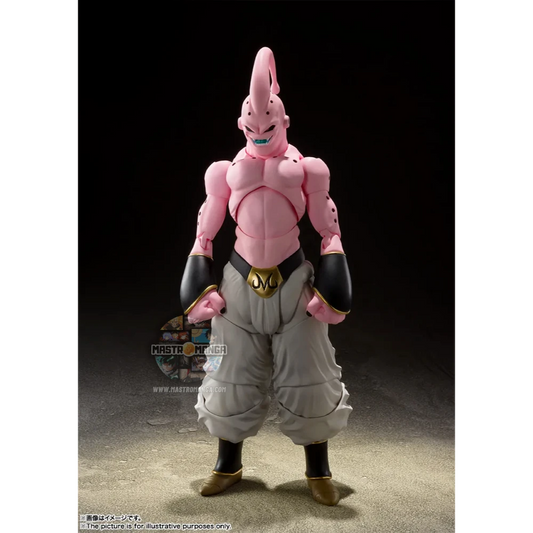 Action figure articolata S.H.Figuarts di Super Buu da Dragon Ball Z, con pelle rosa, pantaloni bianchi da Majin e diverse espressioni facciali malvagie incluse