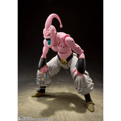 Action figure articolata S.H.Figuarts di Super Buu da Dragon Ball Z, con pelle rosa, pantaloni bianchi da Majin e diverse espressioni facciali malvagie incluse