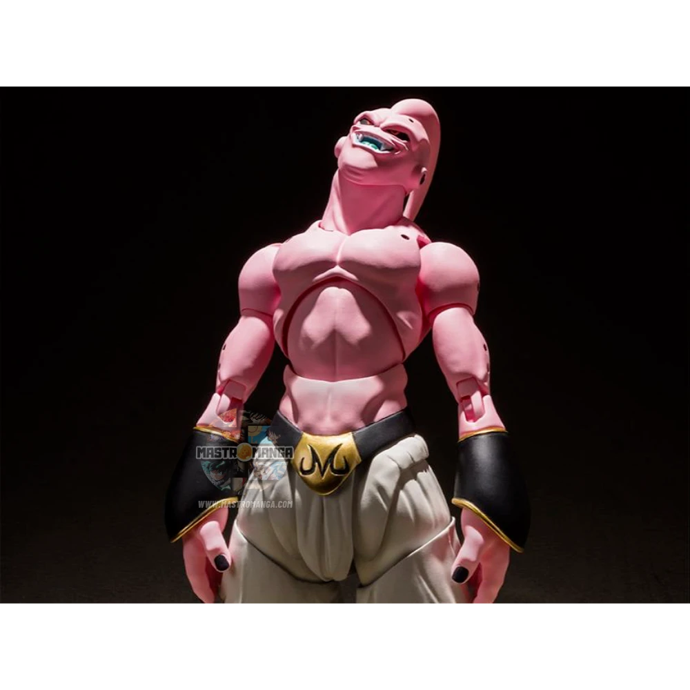 Action figure articolata S.H.Figuarts di Super Buu da Dragon Ball Z, con pelle rosa, pantaloni bianchi da Majin e diverse espressioni facciali malvagie incluse