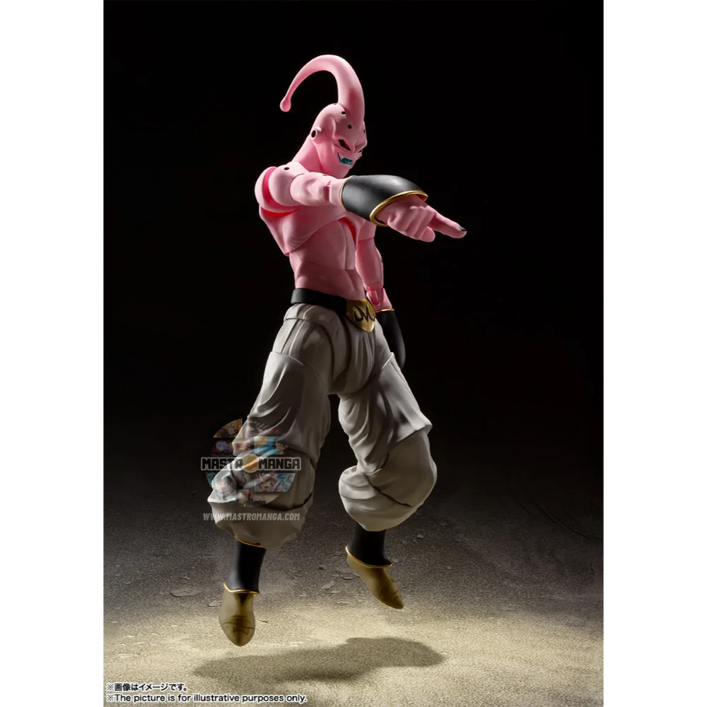 Action figure articolata S.H.Figuarts di Super Buu da Dragon Ball Z, con pelle rosa, pantaloni bianchi da Majin e diverse espressioni facciali malvagie incluse