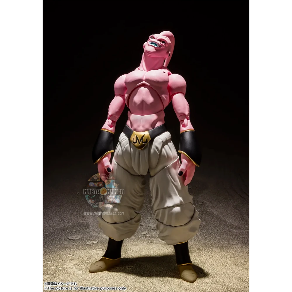 Action figure articolata S.H.Figuarts di Super Buu da Dragon Ball Z, con pelle rosa, pantaloni bianchi da Majin e diverse espressioni facciali malvagie incluse