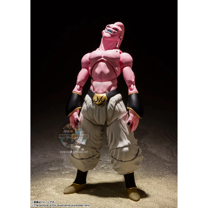 Action figure articolata S.H.Figuarts di Super Buu da Dragon Ball Z, con pelle rosa, pantaloni bianchi da Majin e diverse espressioni facciali malvagie incluse