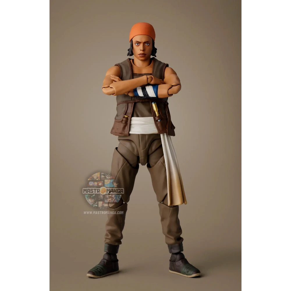Action figure articolata S.H.Figuarts di Usopp dalla serie Netflix One Piece, con capelli ricci, tuta marrone senza maniche, borsa a tracolla e l'iconica fionda tesa in posizione di tiro