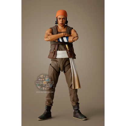 Action figure articolata S.H.Figuarts di Usopp dalla serie Netflix One Piece, con capelli ricci, tuta marrone senza maniche, borsa a tracolla e l'iconica fionda tesa in posizione di tiro