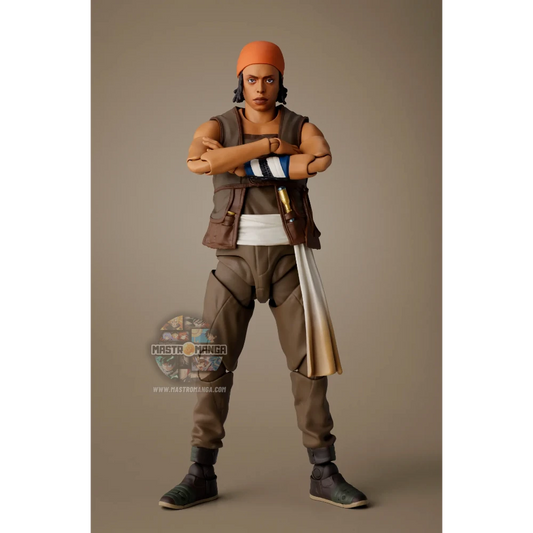 Action figure articolata S.H.Figuarts di Usopp dalla serie Netflix One Piece, con capelli ricci, tuta marrone senza maniche, borsa a tracolla e l'iconica fionda tesa in posizione di tiro