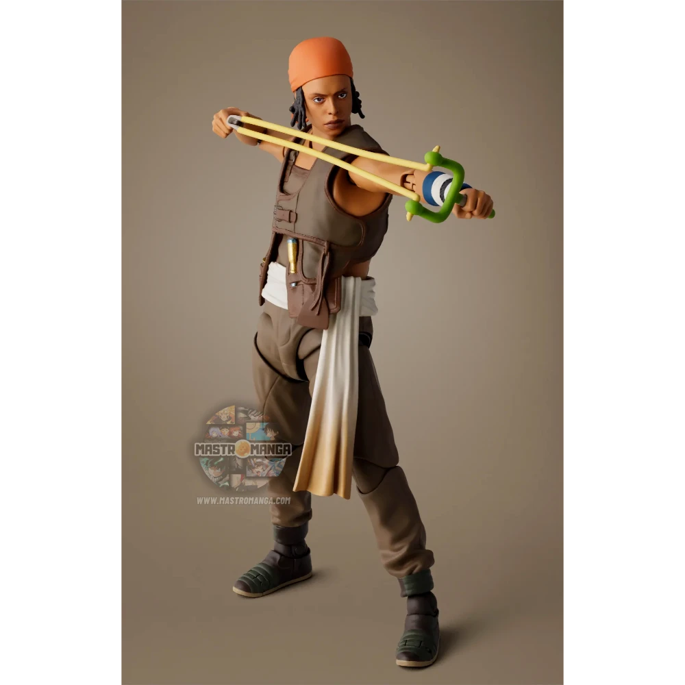 Action figure articolata S.H.Figuarts di Usopp dalla serie Netflix One Piece, con capelli ricci, tuta marrone senza maniche, borsa a tracolla e l'iconica fionda tesa in posizione di tiro