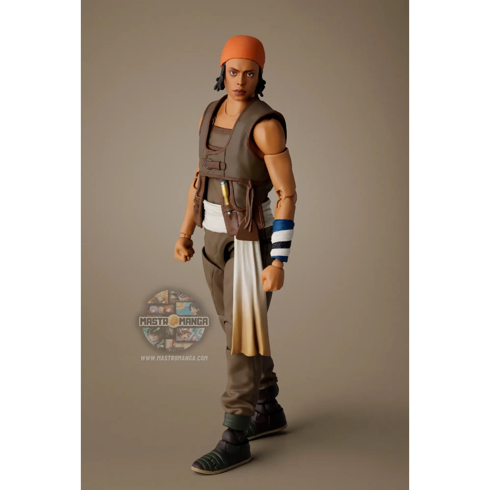 Action figure articolata S.H.Figuarts di Usopp dalla serie Netflix One Piece, con capelli ricci, tuta marrone senza maniche, borsa a tracolla e l'iconica fionda tesa in posizione di tiro