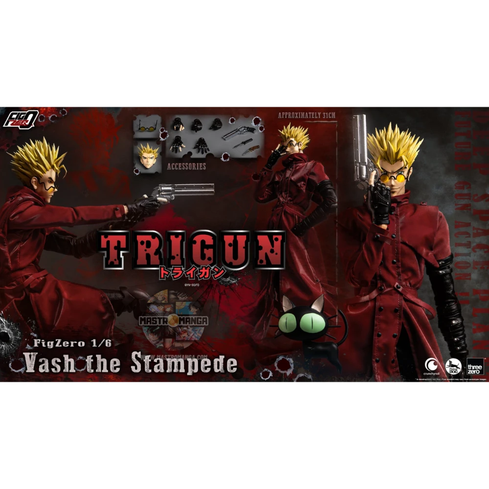 Vash The Stampede Action Figure Trigun Threezero - Figure da collezione ufficiale con cappotto rosso e Stampede Gun